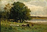 cattle near river with sailboat in distance by Edward Mitchell Bannister